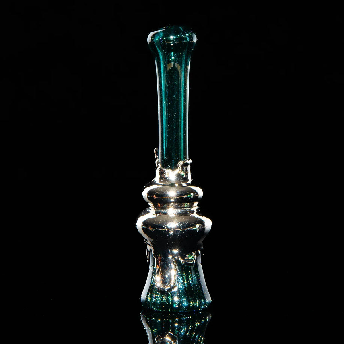 Black sparkly glass chillum pipe with metallic nickel accents on black background