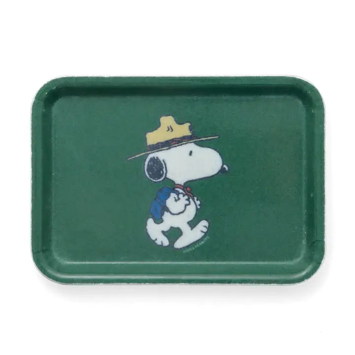 Green vintage-style metal tray featuring Snoopy hiking with a backpack and ranger hat.