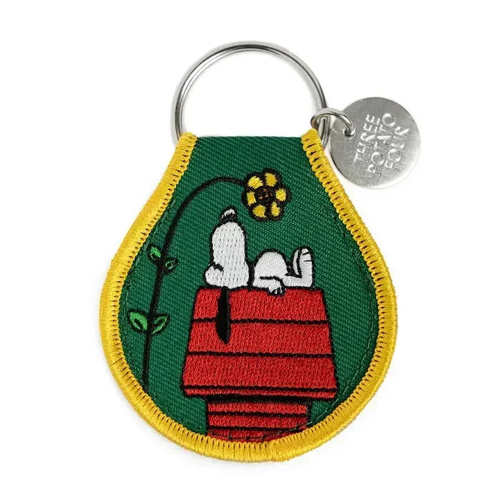 Snoopy doghouse embroidered keychain with yellow flower patch and silver ring