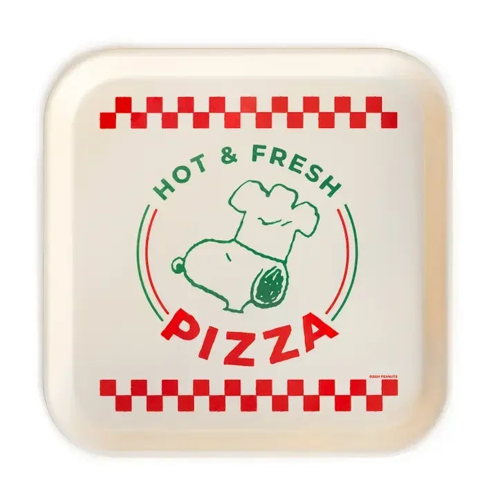 Square pizza tray with cartoon dog in chef hat, red checkered border, and 'Hot & Fresh Pizza' text.