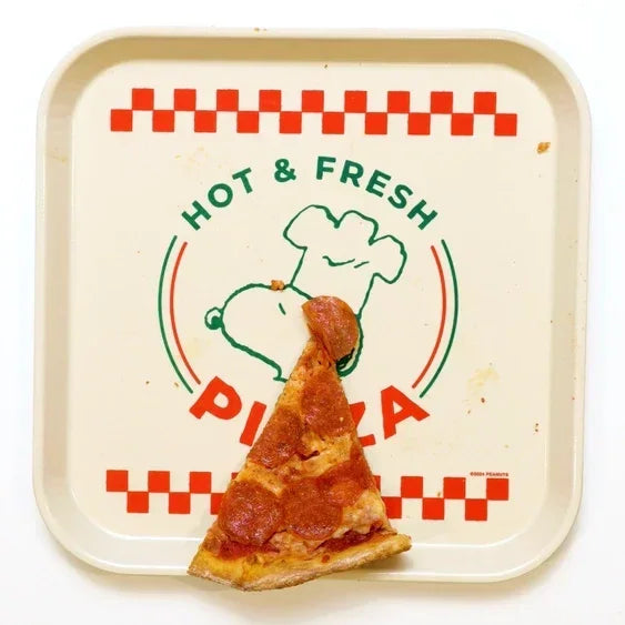 Square pizza tray with cartoon chef design and pepperoni pizza slice on top