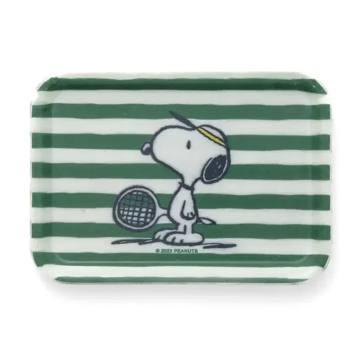 Vintage-style rectangular tray with Snoopy holding a tennis racket on green and white stripes