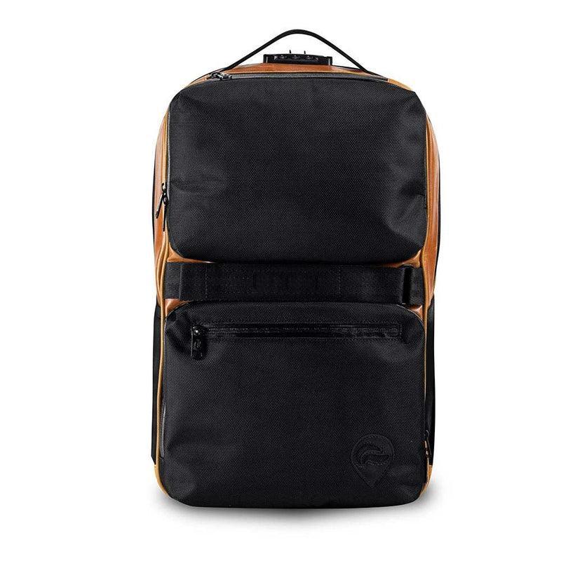 Front view of black and brown smell-proof backpack with multiple zippered pockets.