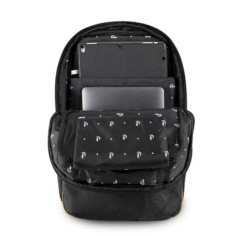 Open black and brown backpack with padded laptop and tablet compartments, patterned interior.
