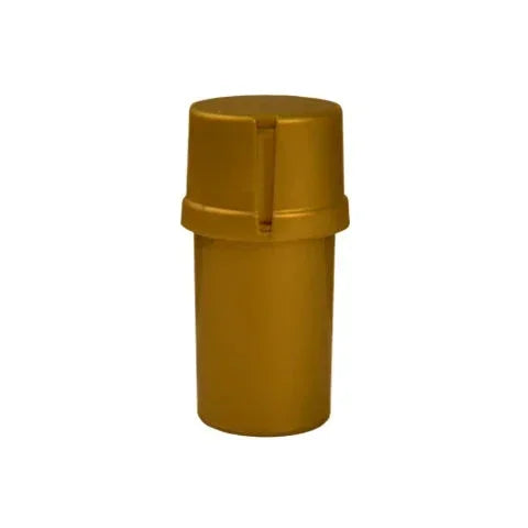 Solid gold-colored Medtainer storage container with secure lid on white background