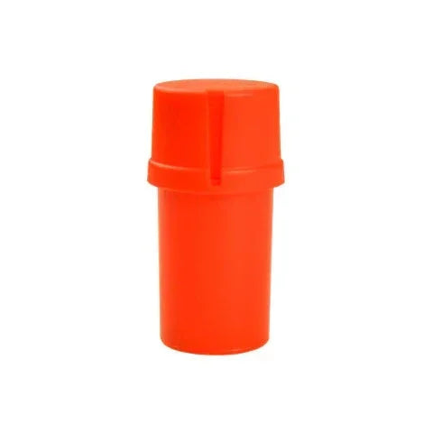 Solid red Medtainer plastic storage and grinder container on white background