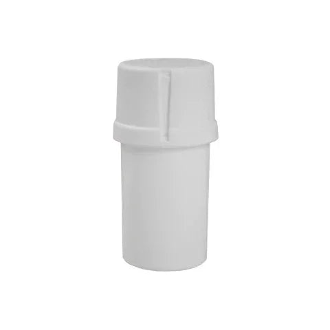 Solid white Medtainer storage container with screw-top lid on white background