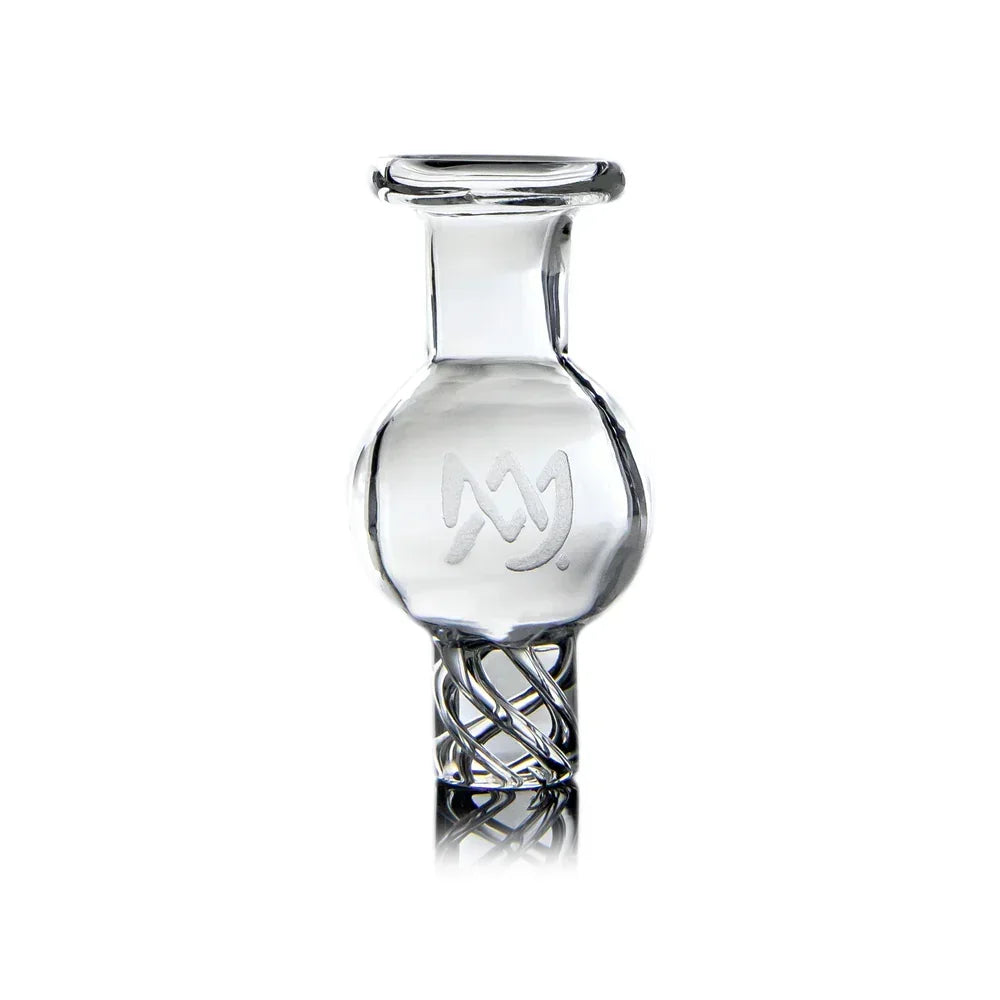 Clear glass spinner cap with etched logo and spiral airflow design, vaporizer accessory