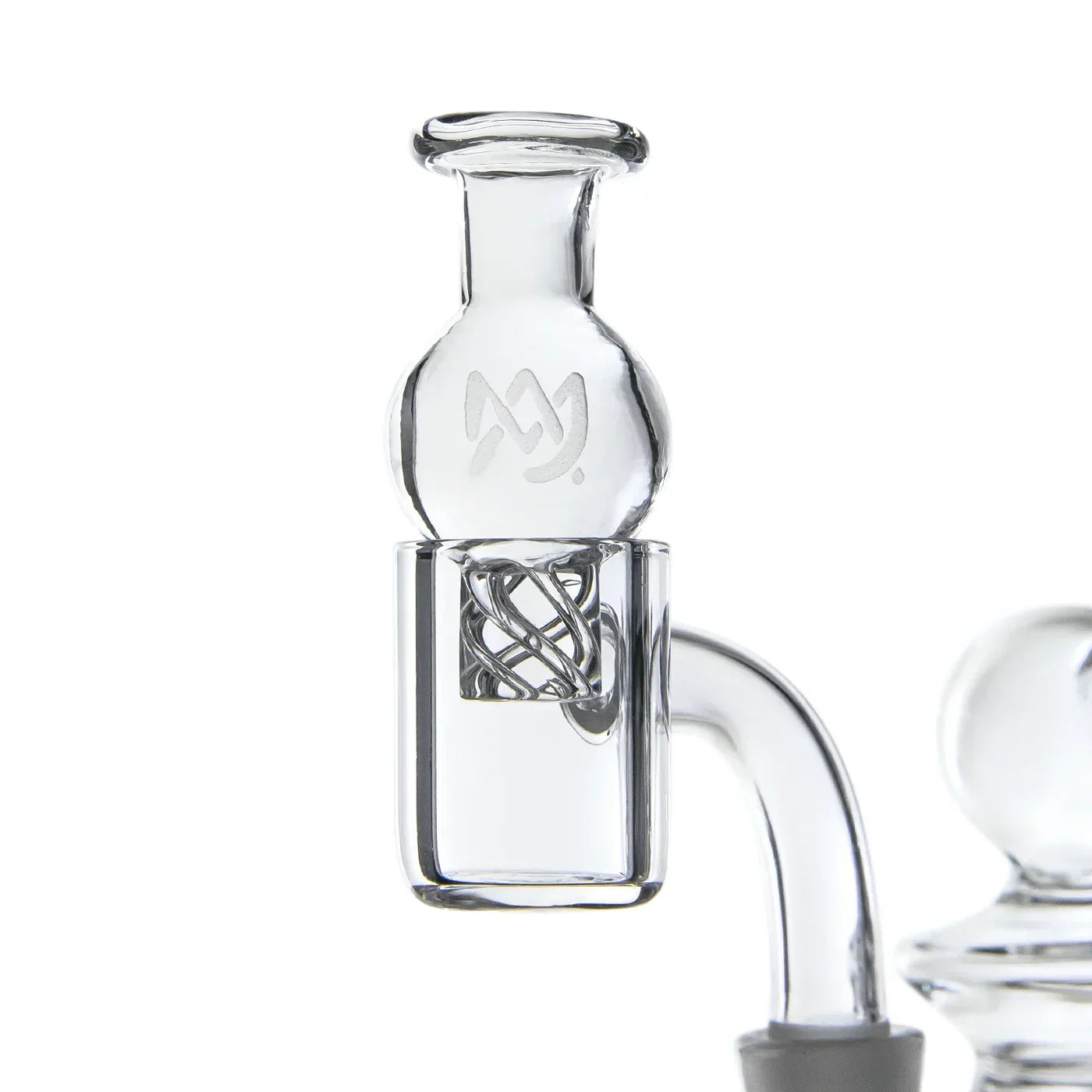 Clear glass spinner carb cap with etched design for dab rig quartz banger