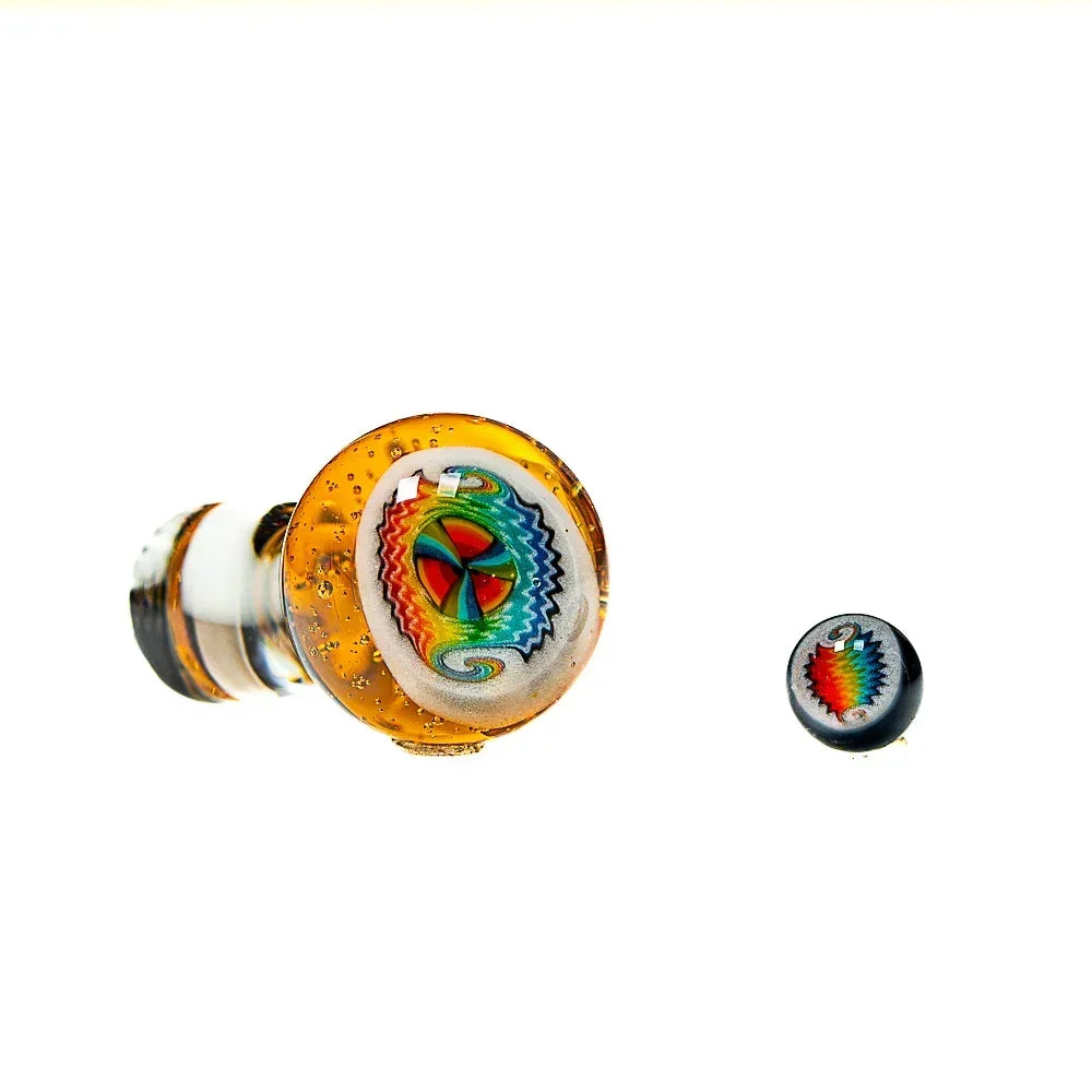 Colorful glass control tower cap with intricate rainbow wigwag design and matching pearl on white background.