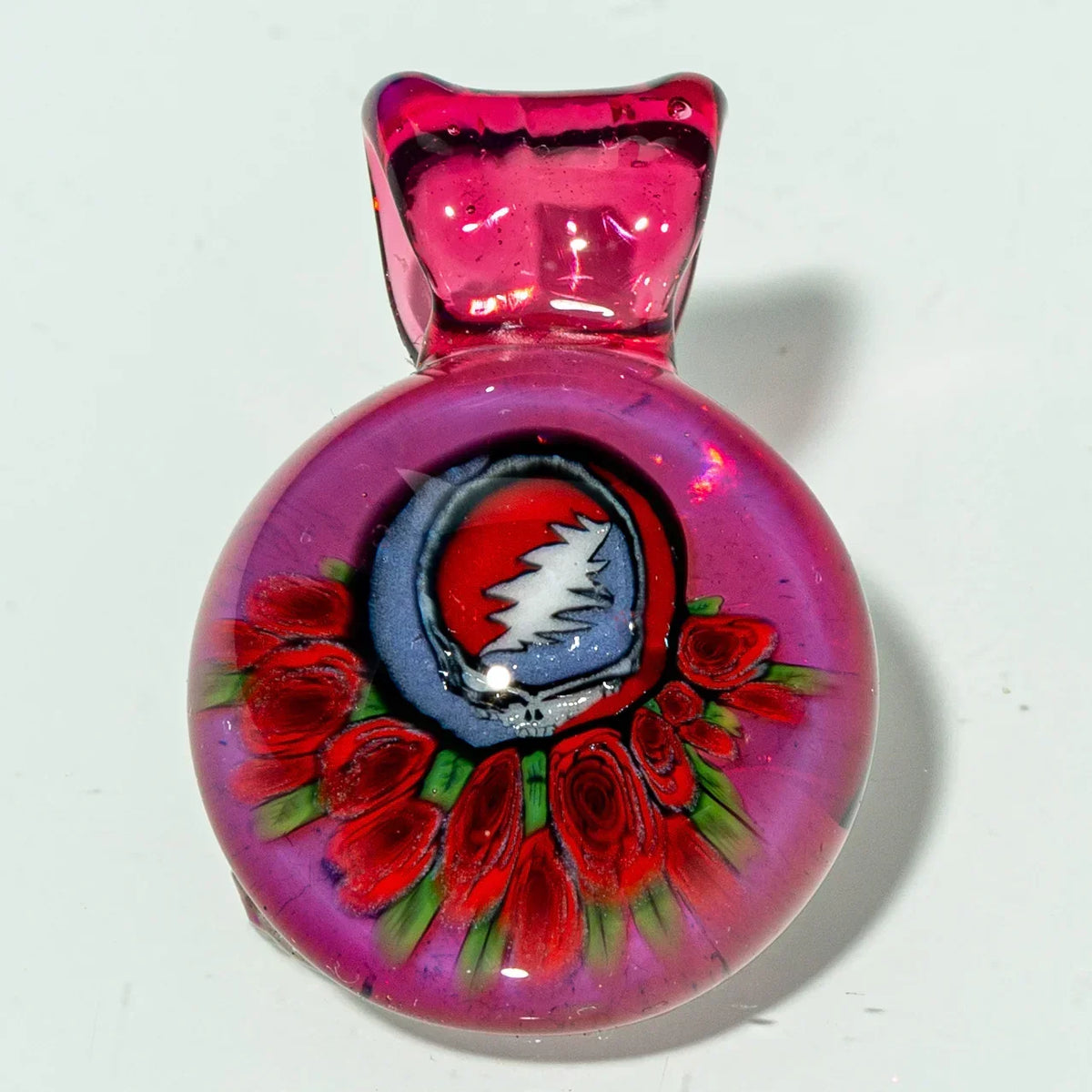 Pink glass pendant with red roses and colorful lightning skull art, heady glass jewelry