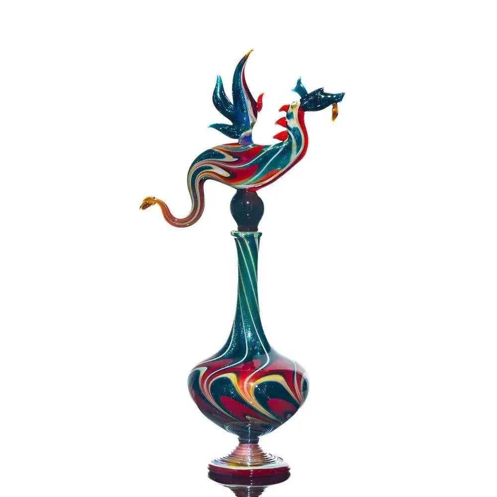 Hand-blown glass perfume jar with colorful phoenix design, artisan glass art piece