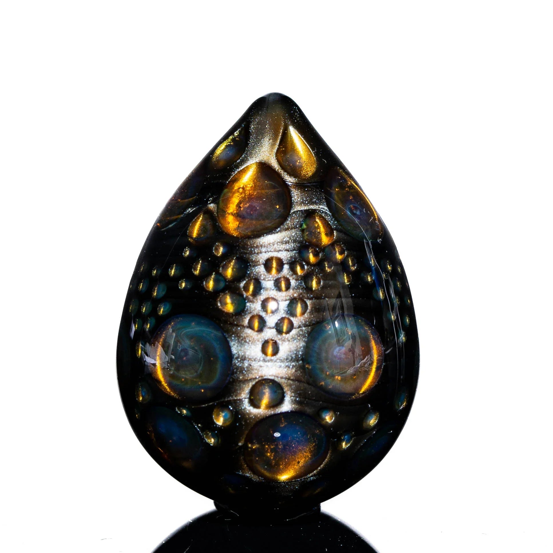 Hand-blown glass dragon egg sculpture with iridescent bronze and gold bubble accents