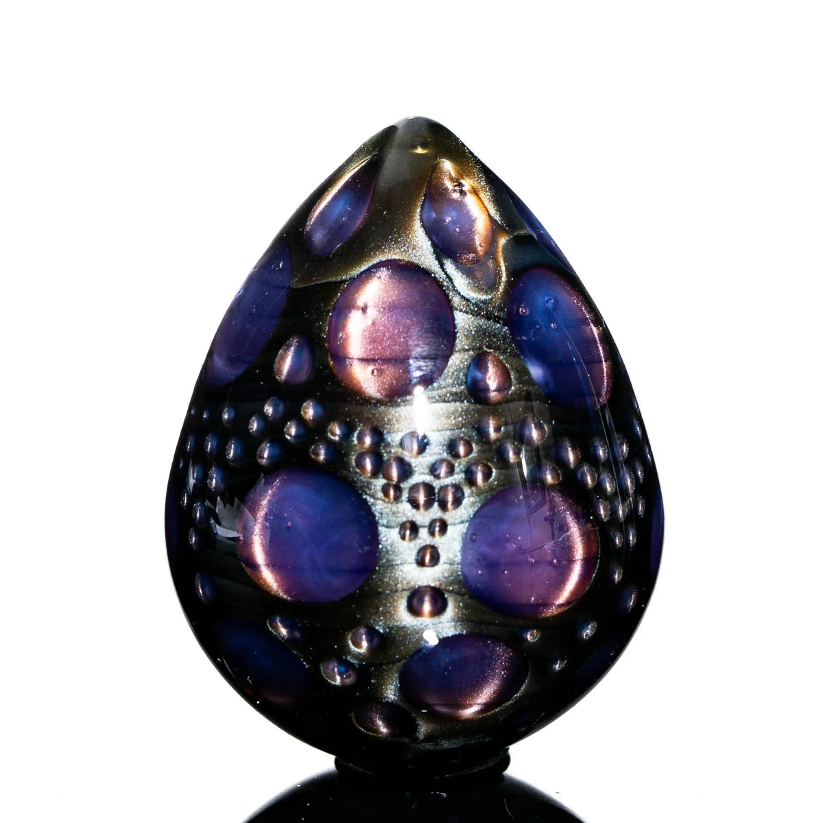 Handcrafted glass egg with purple and blue metallic bubble details, art glass collectible