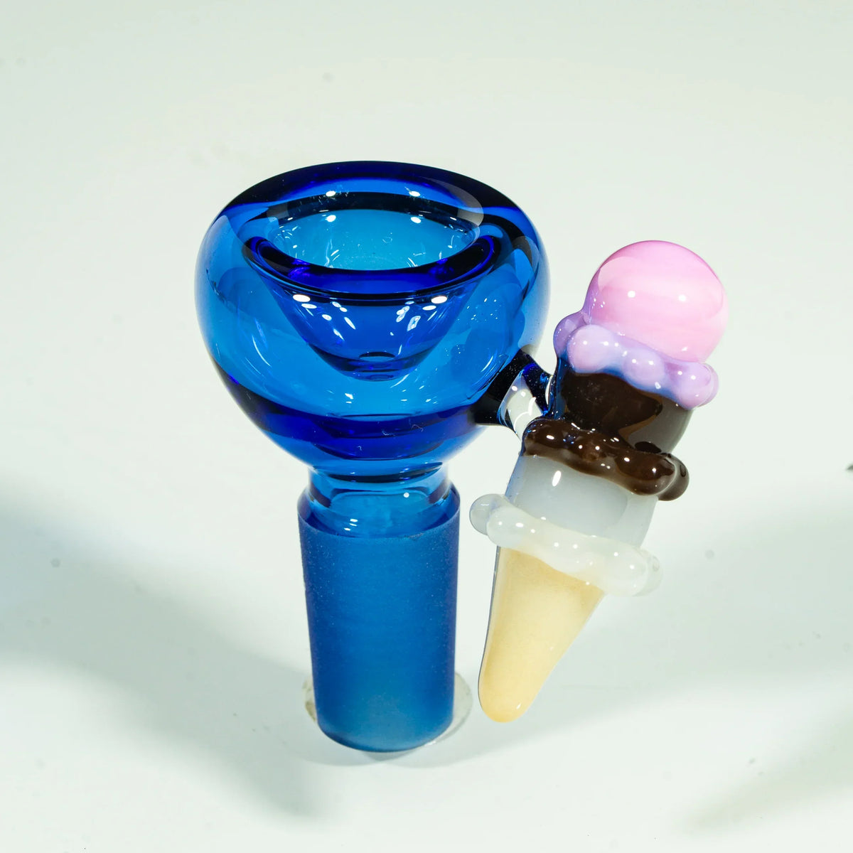 Blue glass bowl slide with decorative triple scoop ice cream cone handle, 14mm size, for water pipes