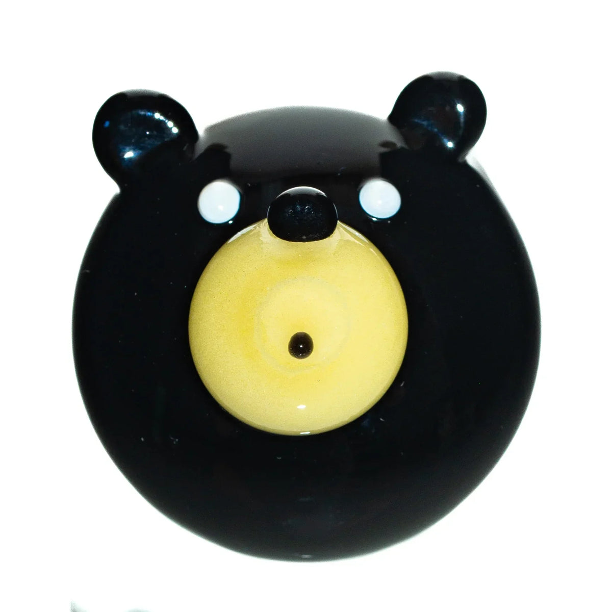 Black glass bear pendant with yellow snout and white eyes, handcrafted accessory