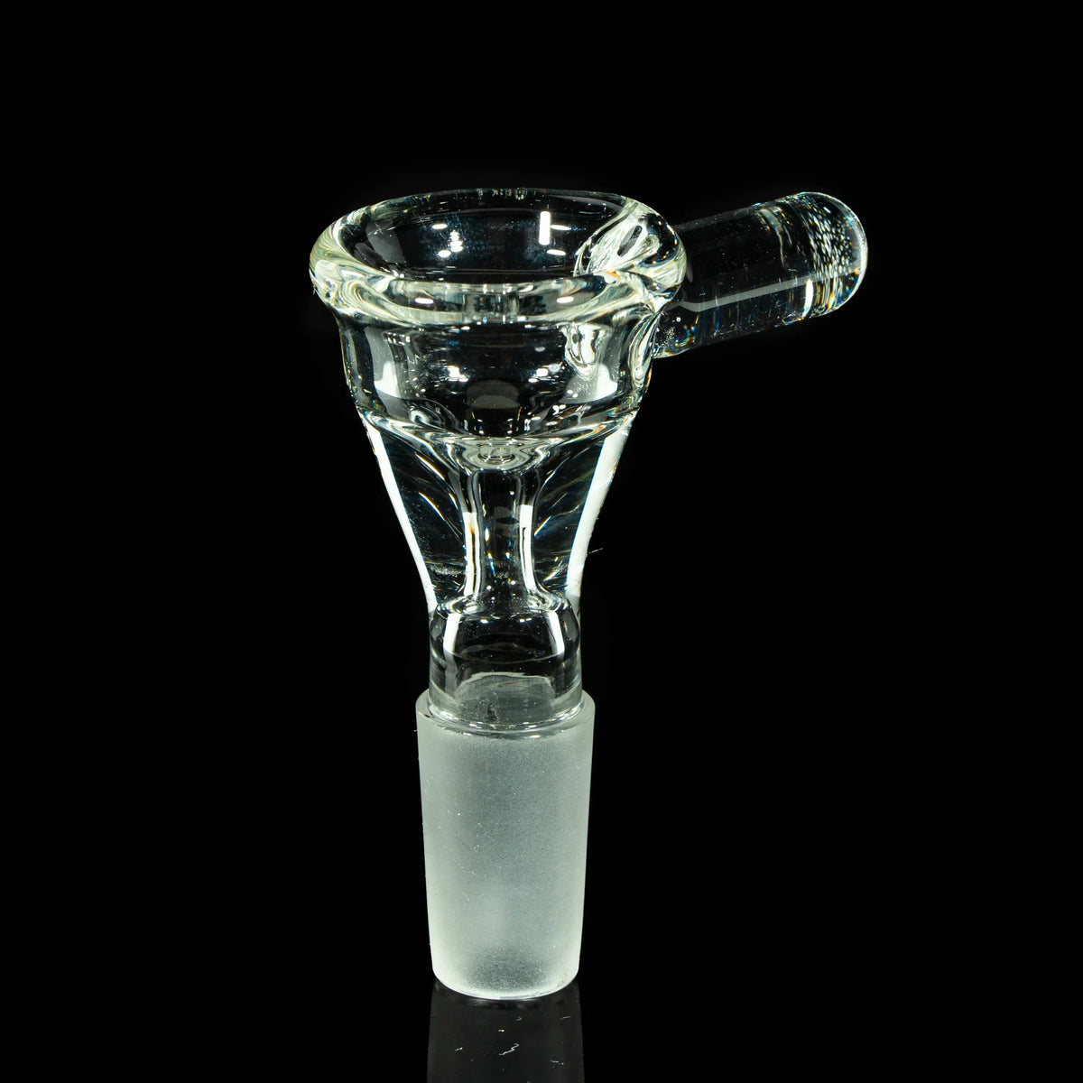 Clear glass 14mm straight handle slide bowl for water pipe or bong, isolated on black background.