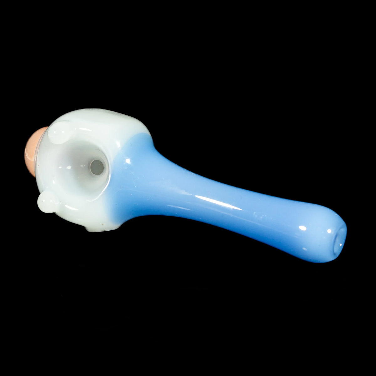 Hand-blown glass pipe with blue handle and character-themed bowl on black background