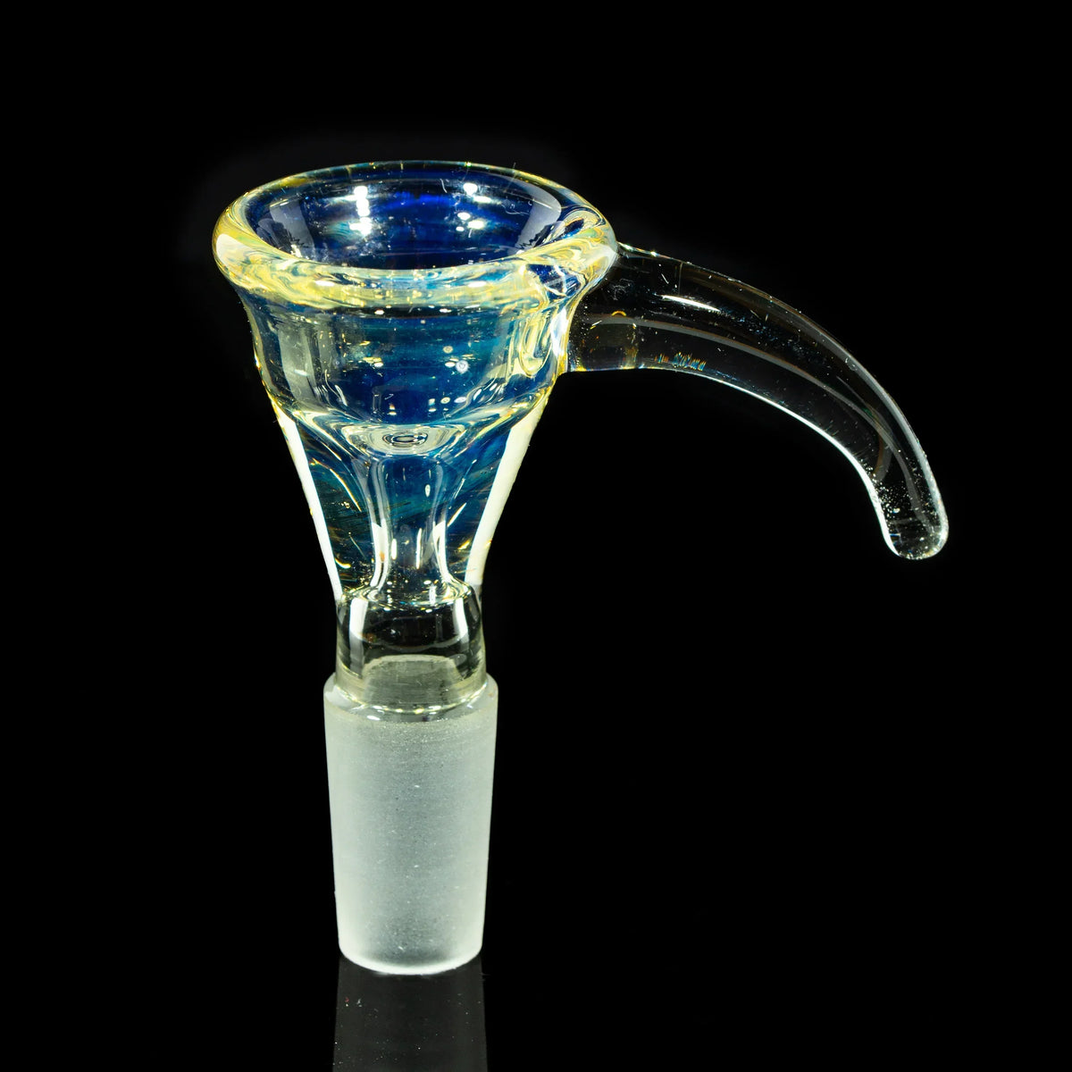 14mm glass bowl slide with blue and yellow fume horn handle, on black background