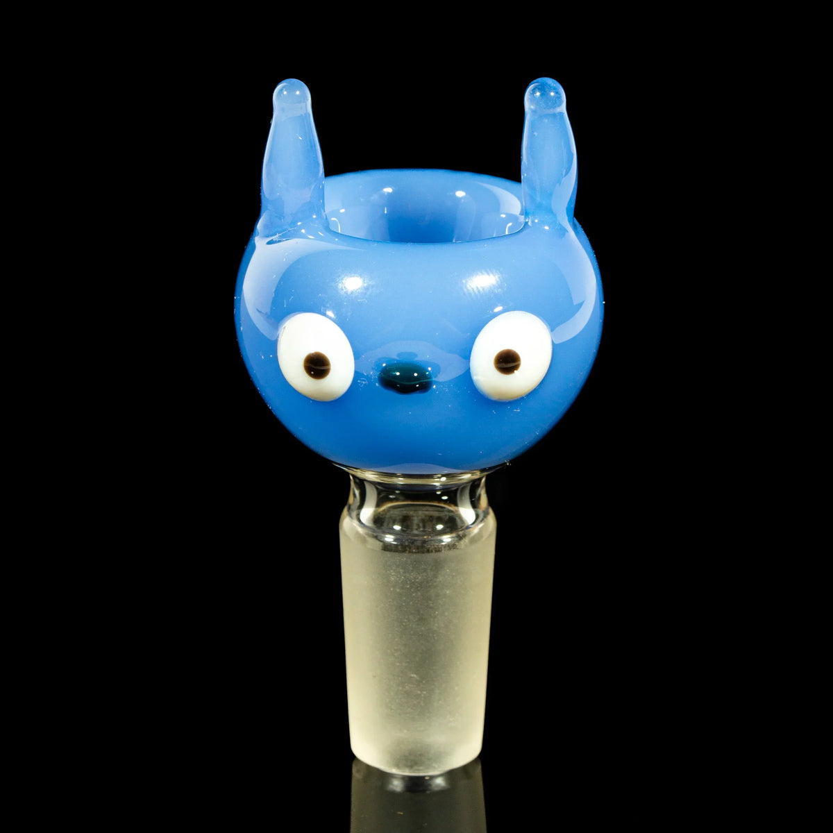 Milky blue glass slide bowl with cartoon face and ears, 14mm male joint, on black background