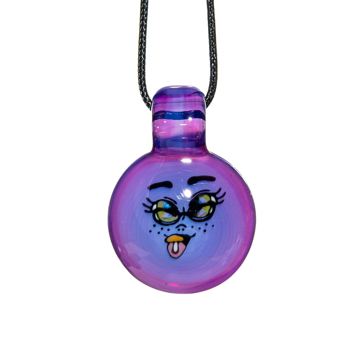 Purple glass pendant with cartoon face design and playful expression on black cord