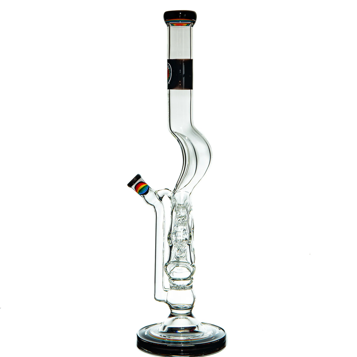 Clear glass water pipe with intricate percolator and rainbow-accented bowl on white background.
