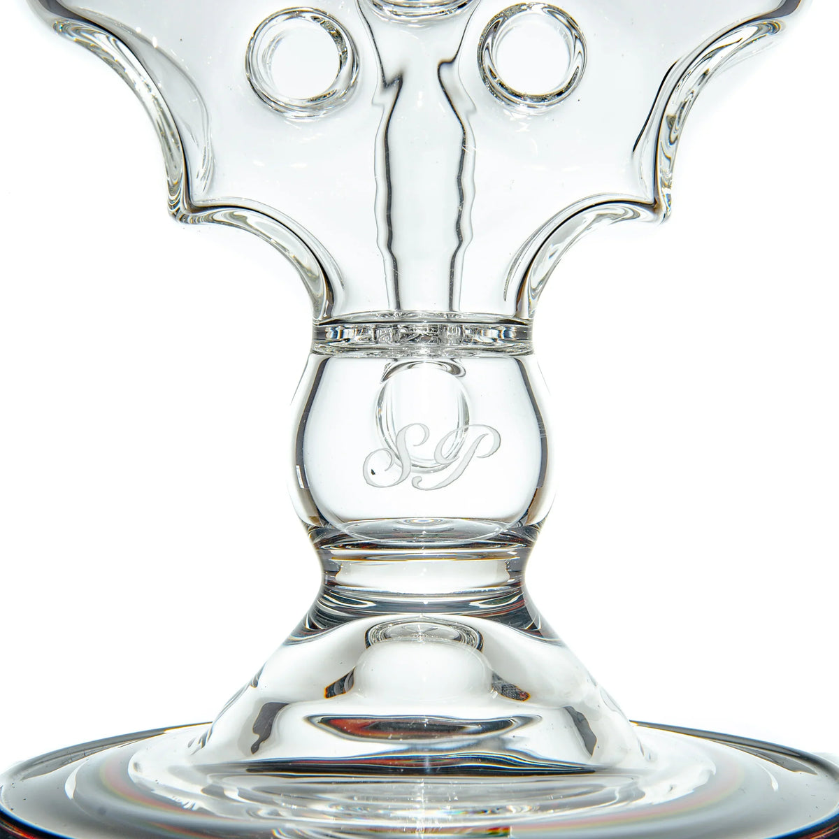 Clear glass water pipe base with decorative etching and intricate percolator design