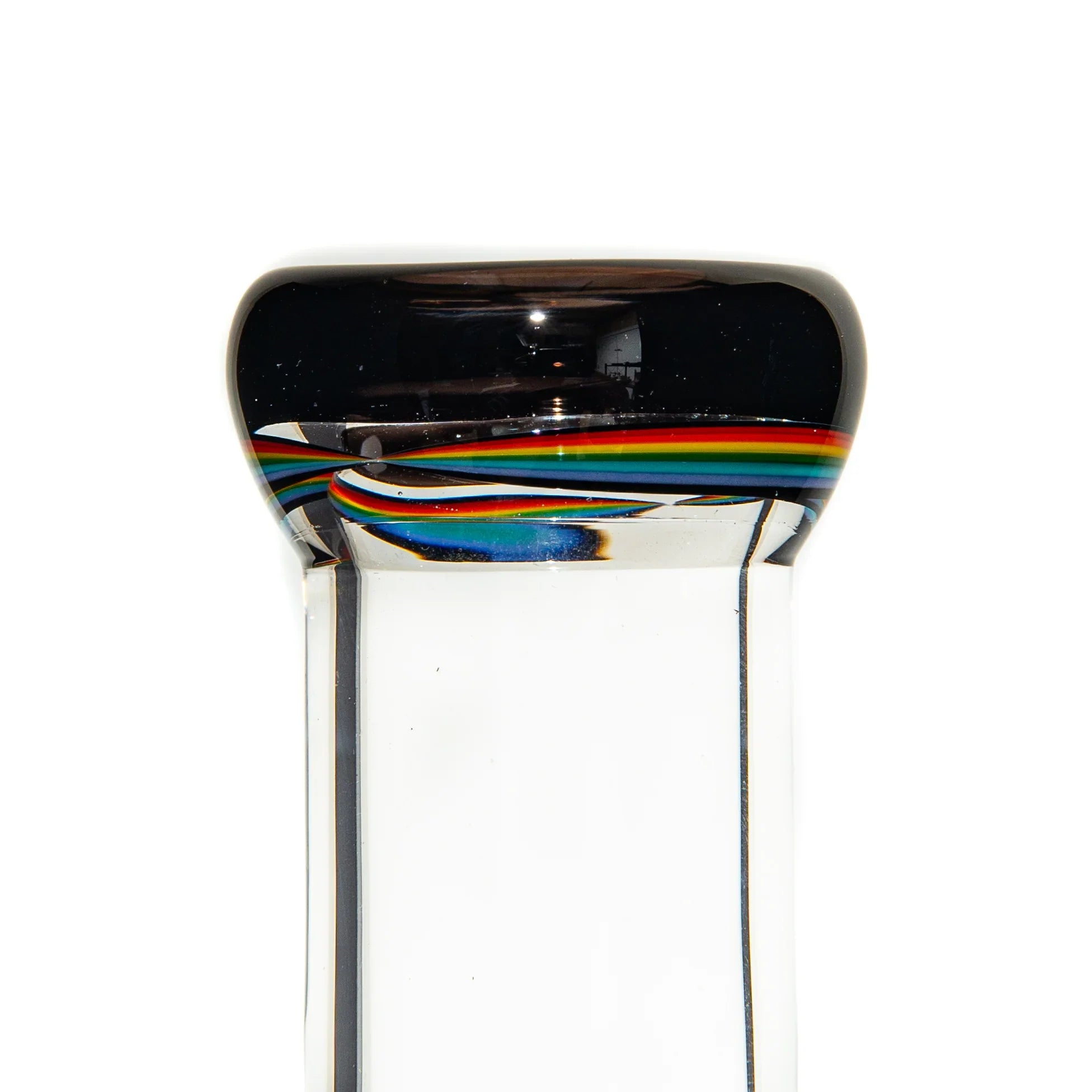 Close-up of a thick glass pipe neck with black rim and colorful rainbow swirl accents