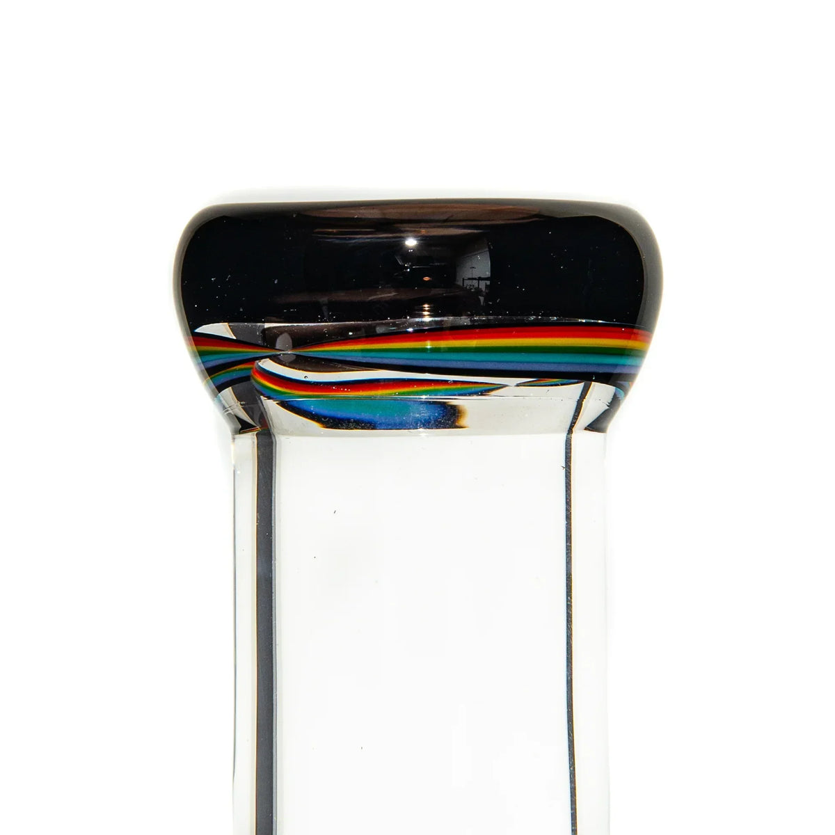 Close-up of a thick glass pipe neck with black rim and colorful rainbow swirl accents
