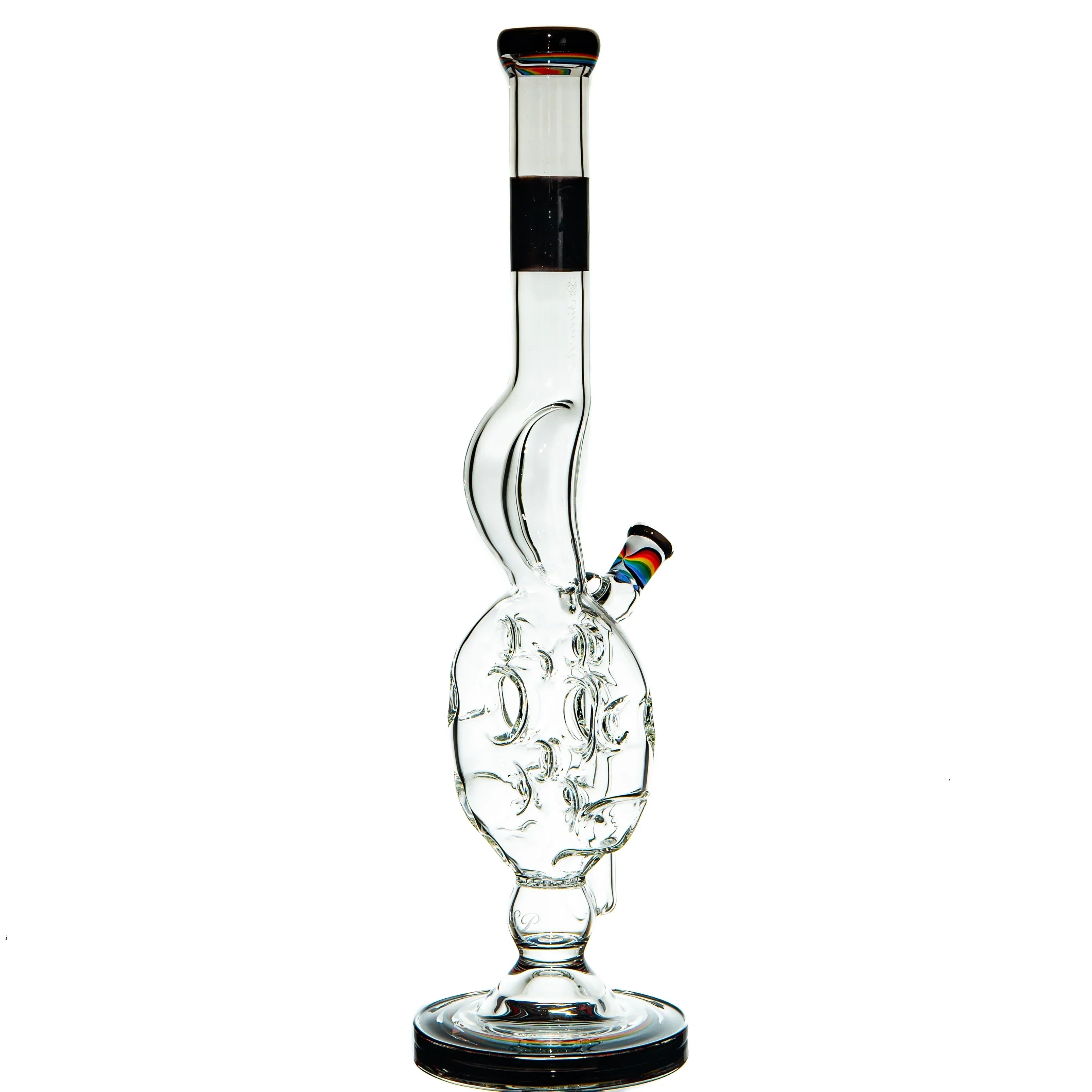 Clear glass water pipe with intricate percolator designs and colored glass accents