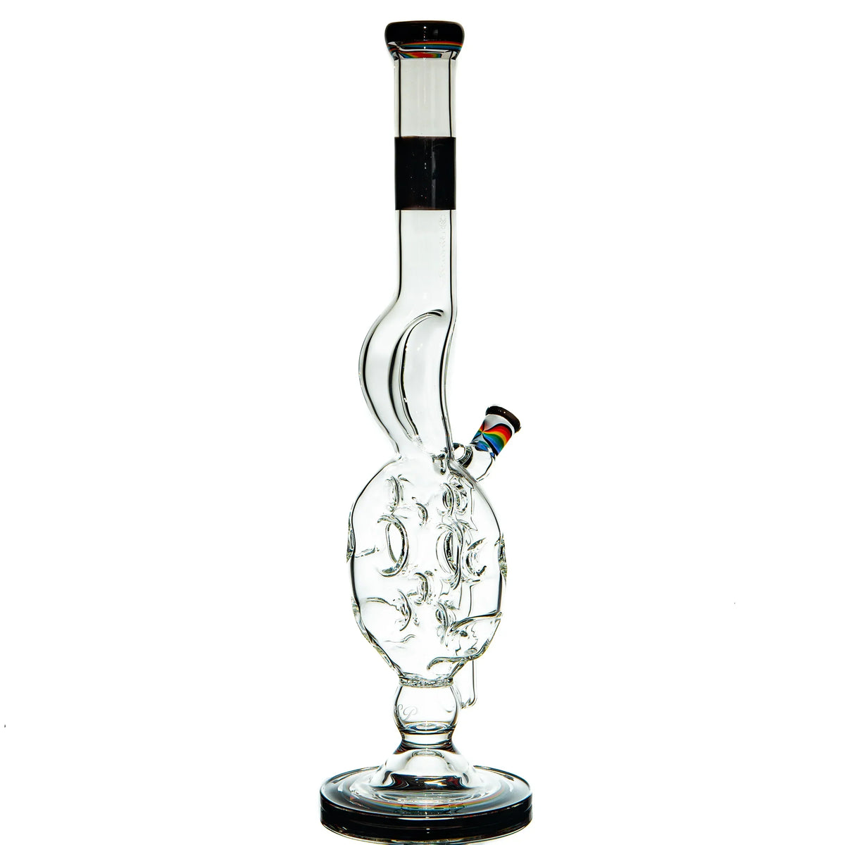 Clear glass water pipe with intricate percolator designs and colored glass accents