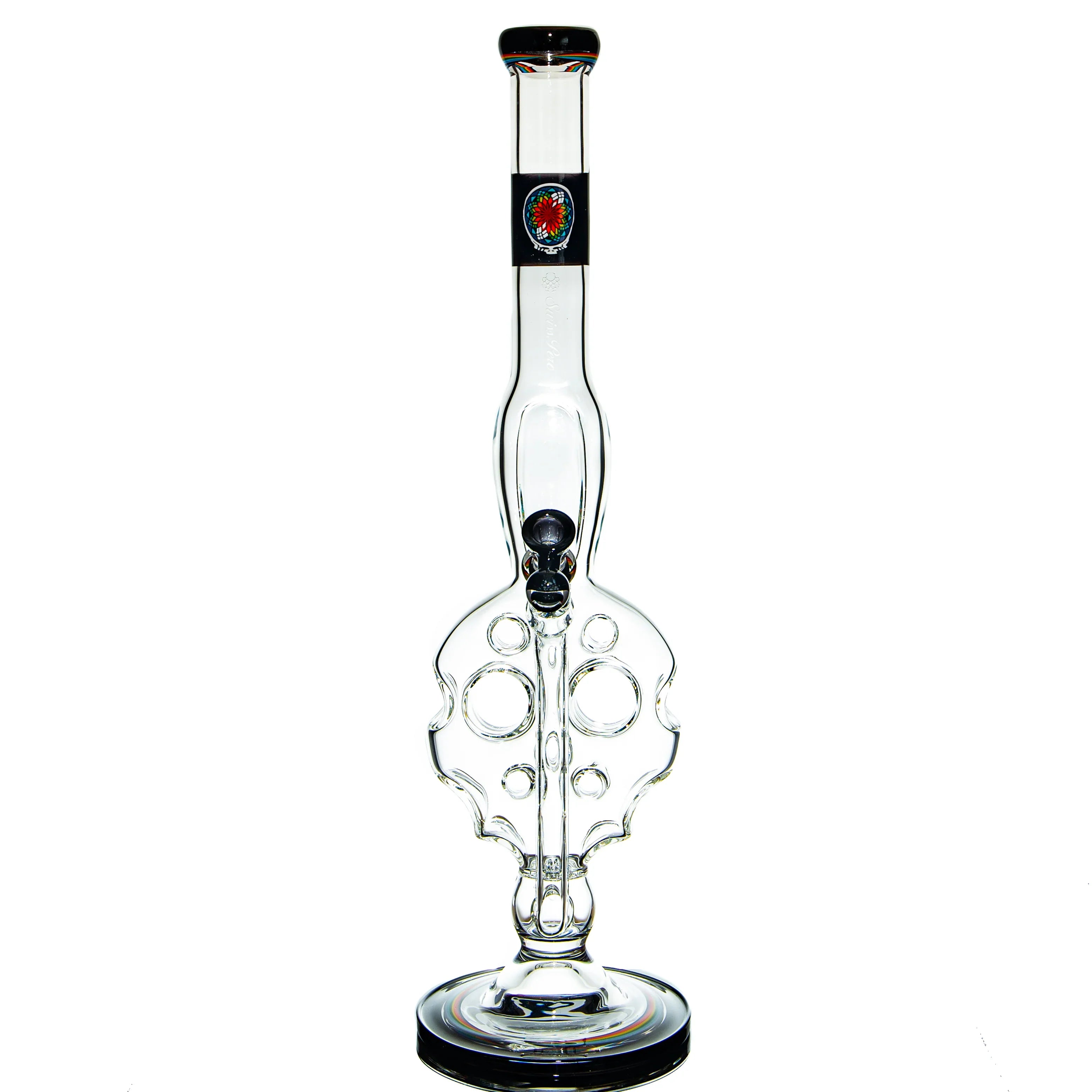 Clear glass water pipe with percolator and decorative accents on white background