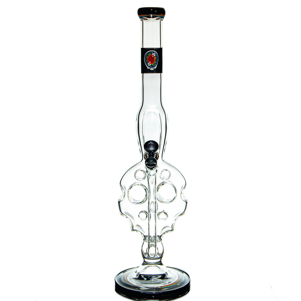 Clear glass water pipe with percolator and decorative accents on white background