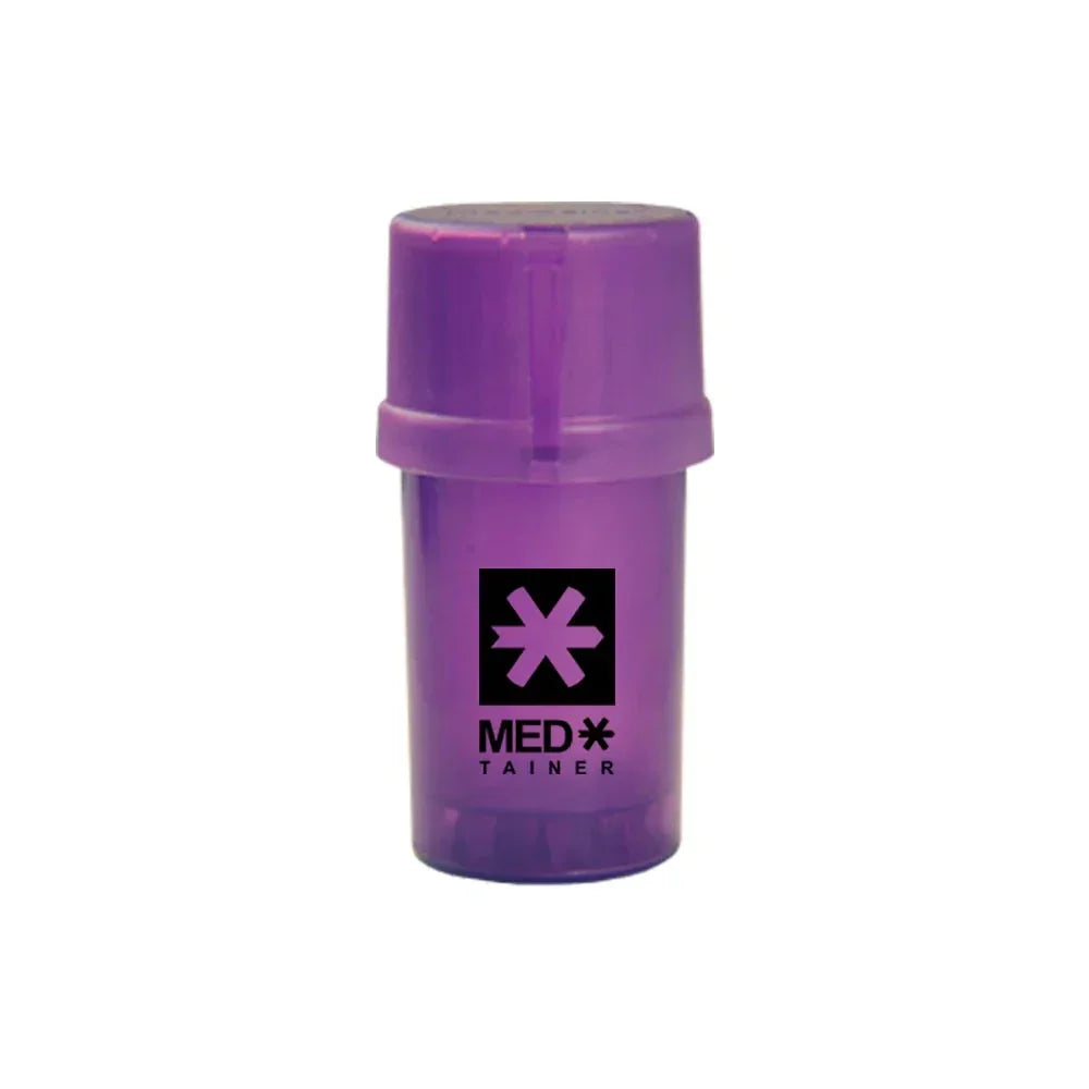 Purple Medtainer storage and grinder container with black logo on white background