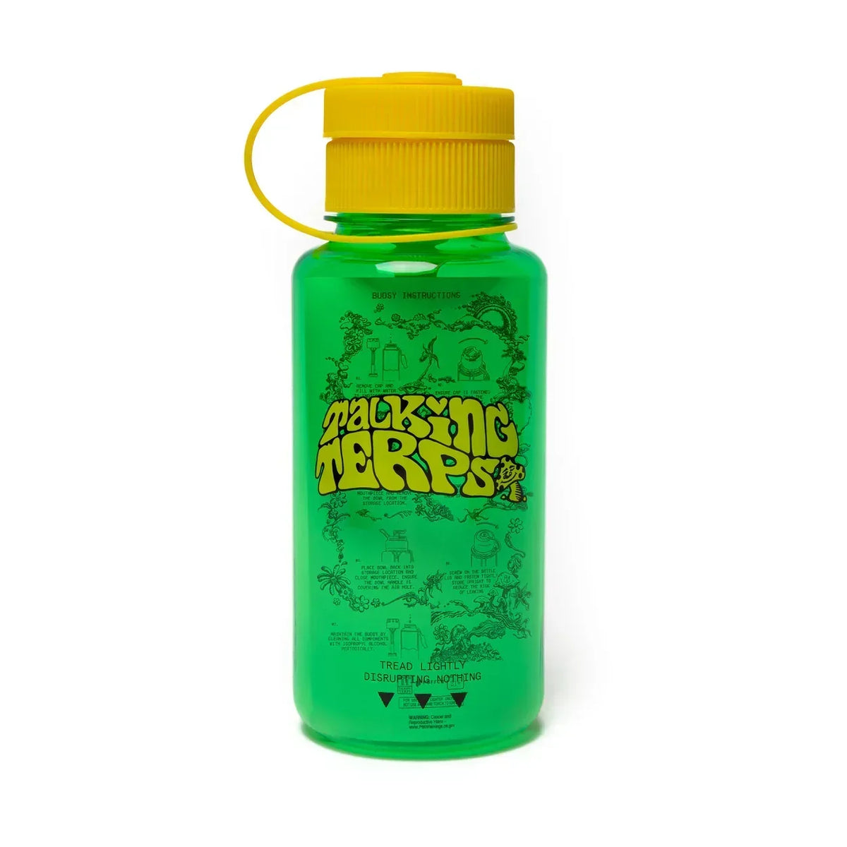 Green Budsy water bottle with yellow cap, Talking Terps logo, and illustrated graphics