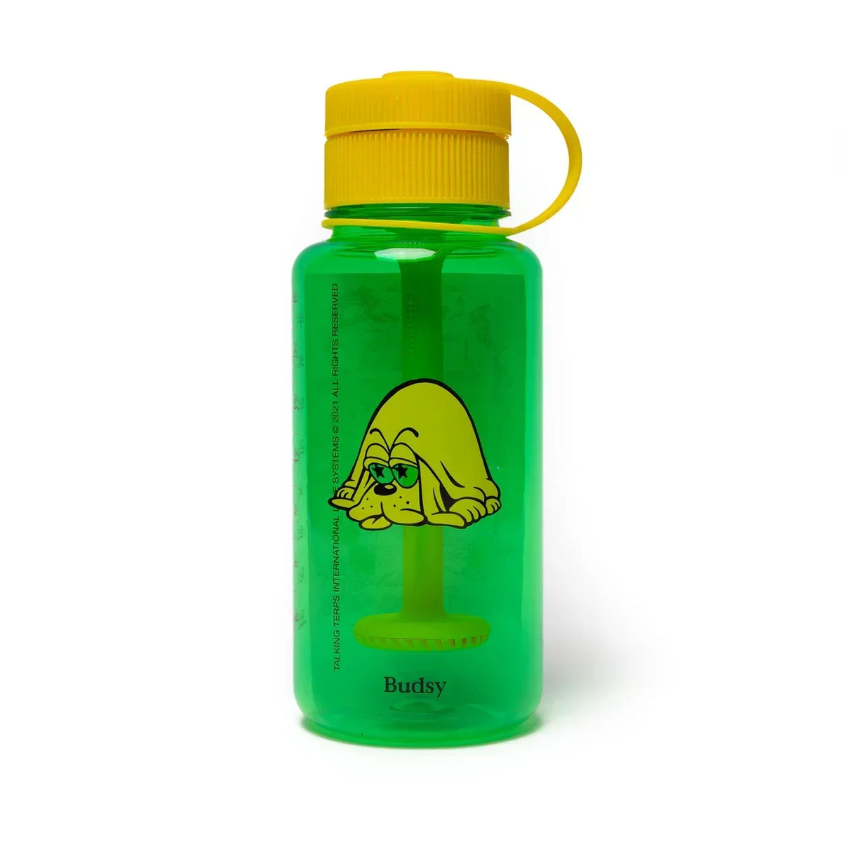 Green Budsy bottle with yellow cap and cartoon dog graphic, portable water pipe accessory.