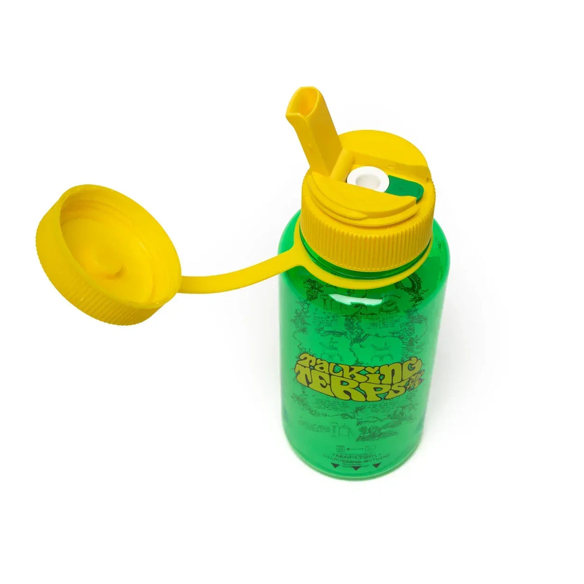 Green and yellow Budsy water bottle with flip-top lid and custom graphic design