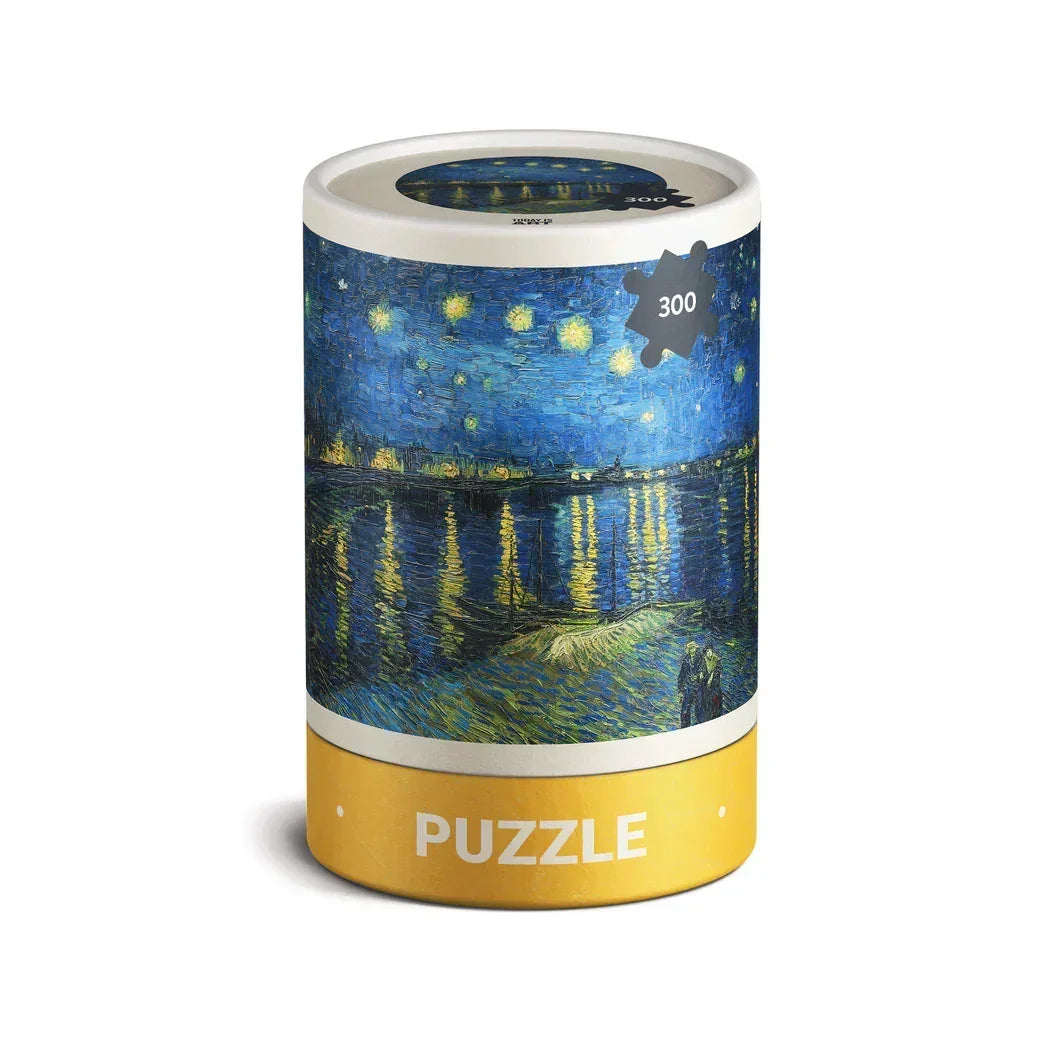 Cylindrical puzzle box featuring Van Gogh's Starry Night Over the Rhone, 300 piece count visible