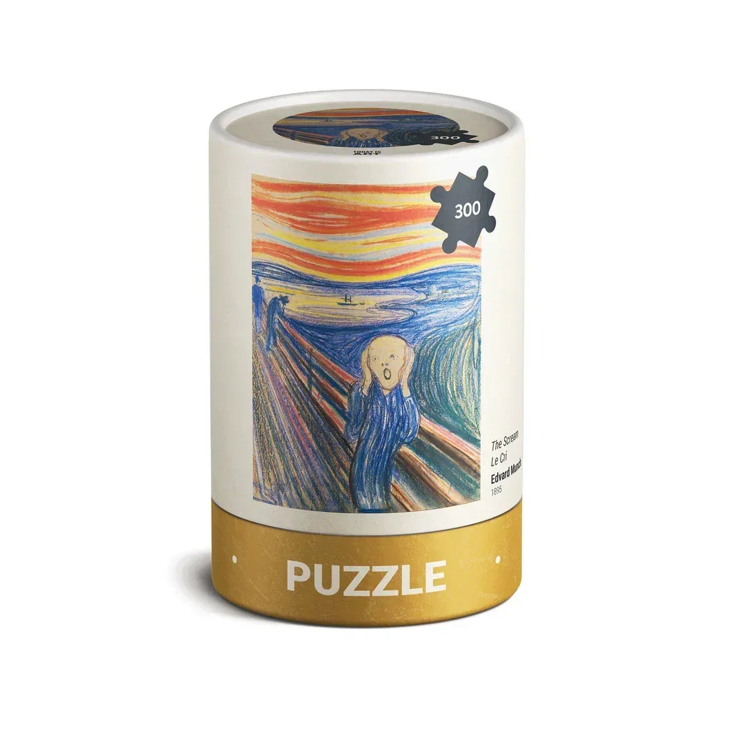 300-piece puzzle tube featuring The Scream by Edvard Munch with colorful art design.