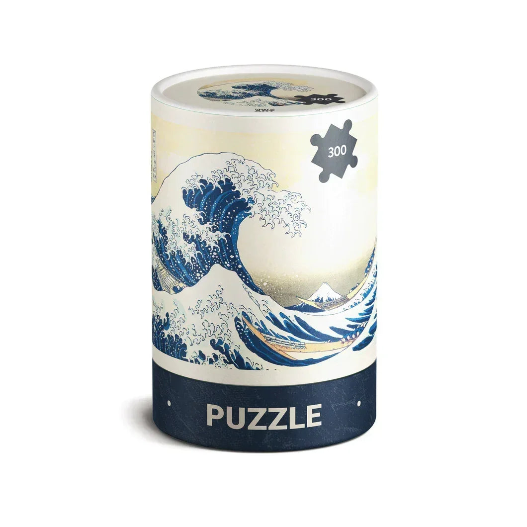 Cylinder container with The Great Wave off Kanagawa art, 300-piece puzzle packaging
