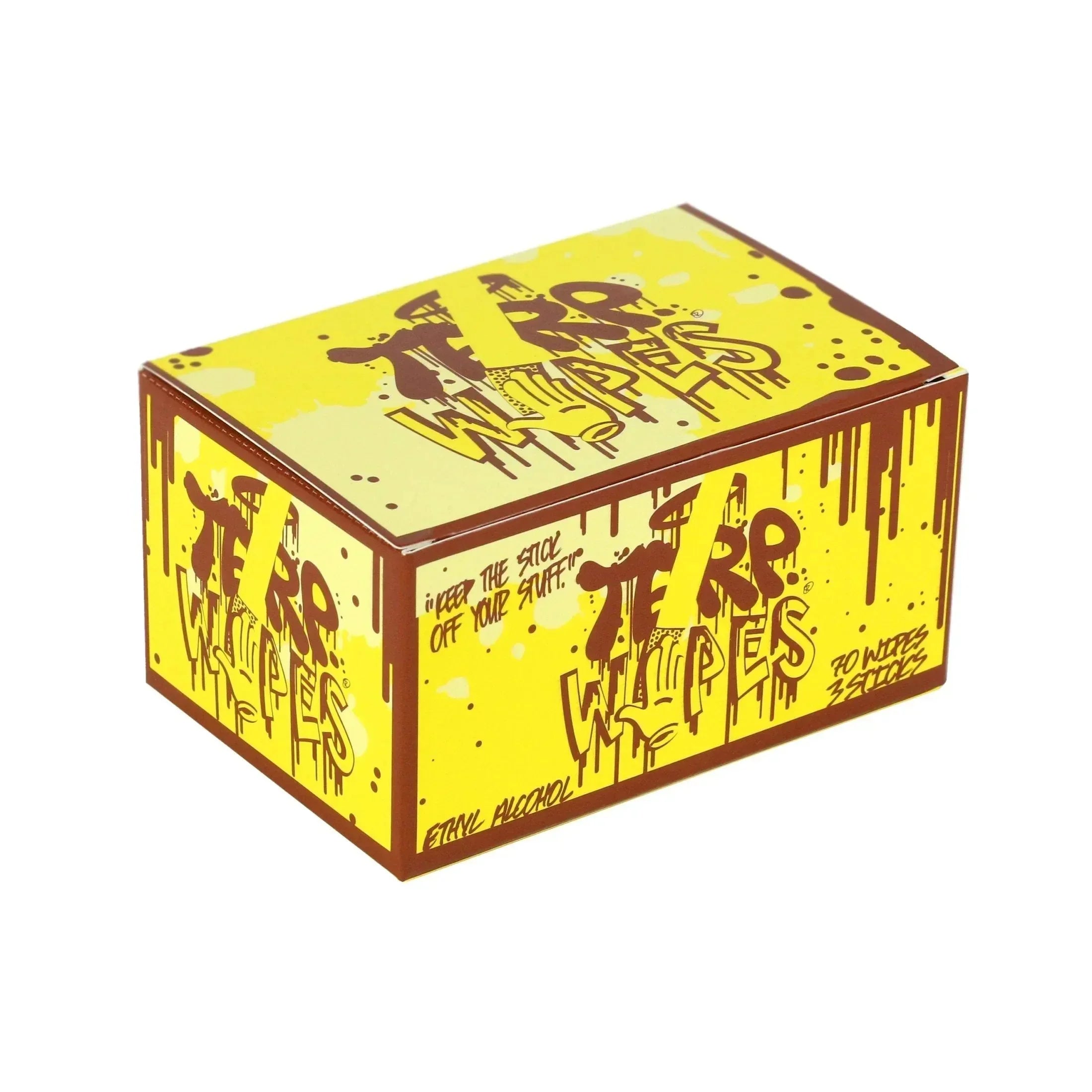 Terp Wipes box with yellow graffiti design for cleaning glass and vaporizer accessories