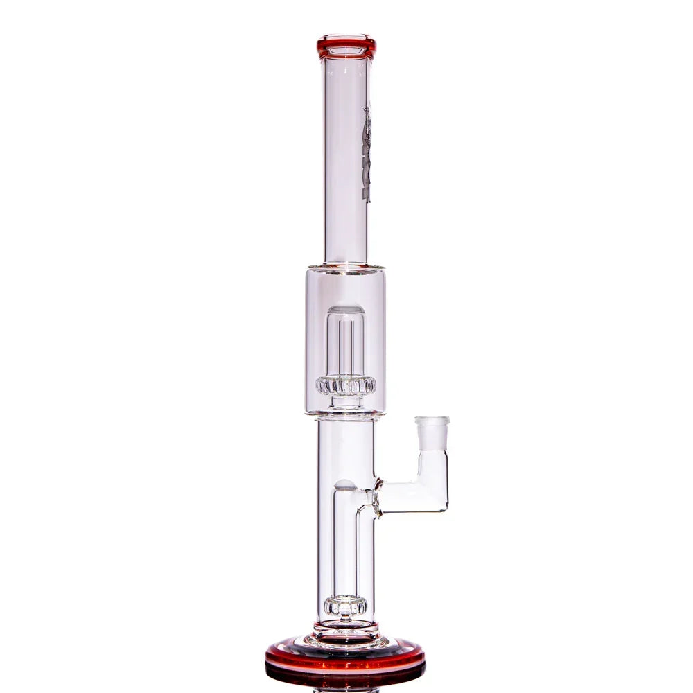 Clear glass water pipe with pomegranate accents and intricate percolator design.