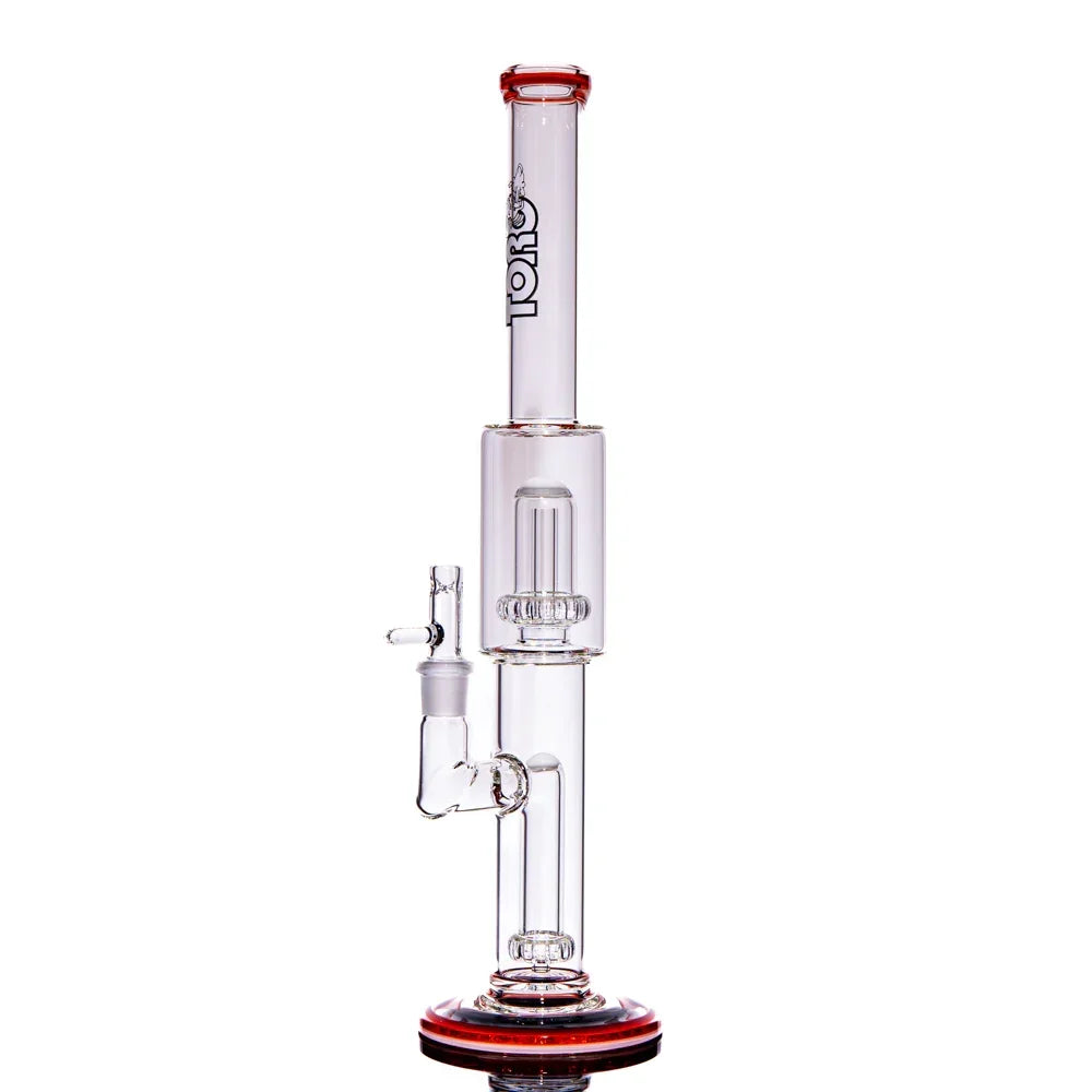 Clear glass water pipe with red accents and intricate percolator on white background