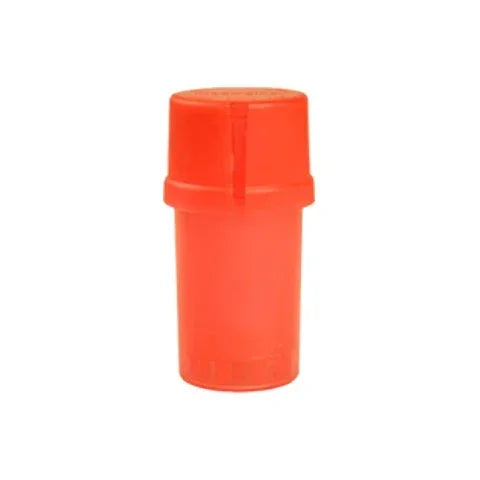 Translucent red Medtainer herb storage and grinder container with secure lid