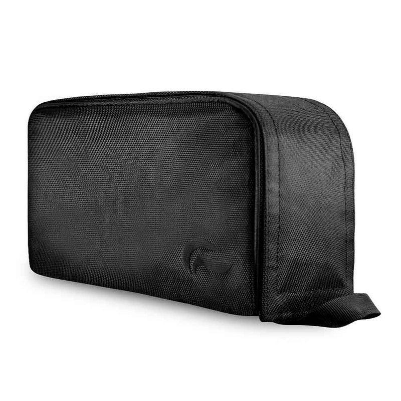 Black travel pouch with textured fabric, zipper closure, and side handle, angled view.