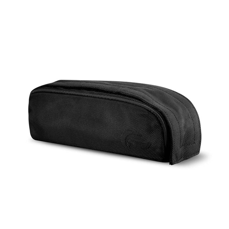 Black travel case with zipper, textured fabric, angled front view on white background