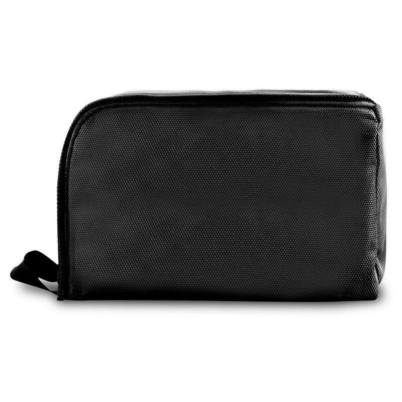 Black travel pouch with zipper, durable accessory bag for storage and organization
