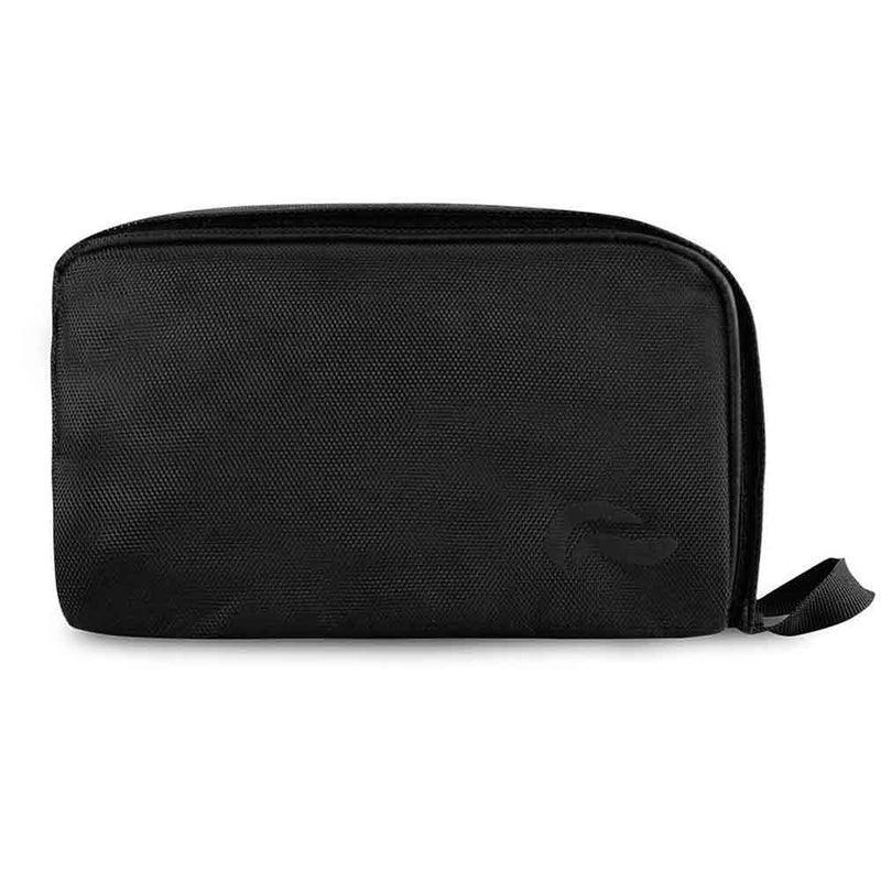 Black travel accessory pouch with zipper and textured fabric, front view
