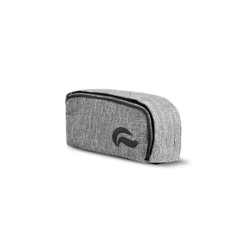 Gray travel case with zipper, textured fabric, and black logo, angled on white background