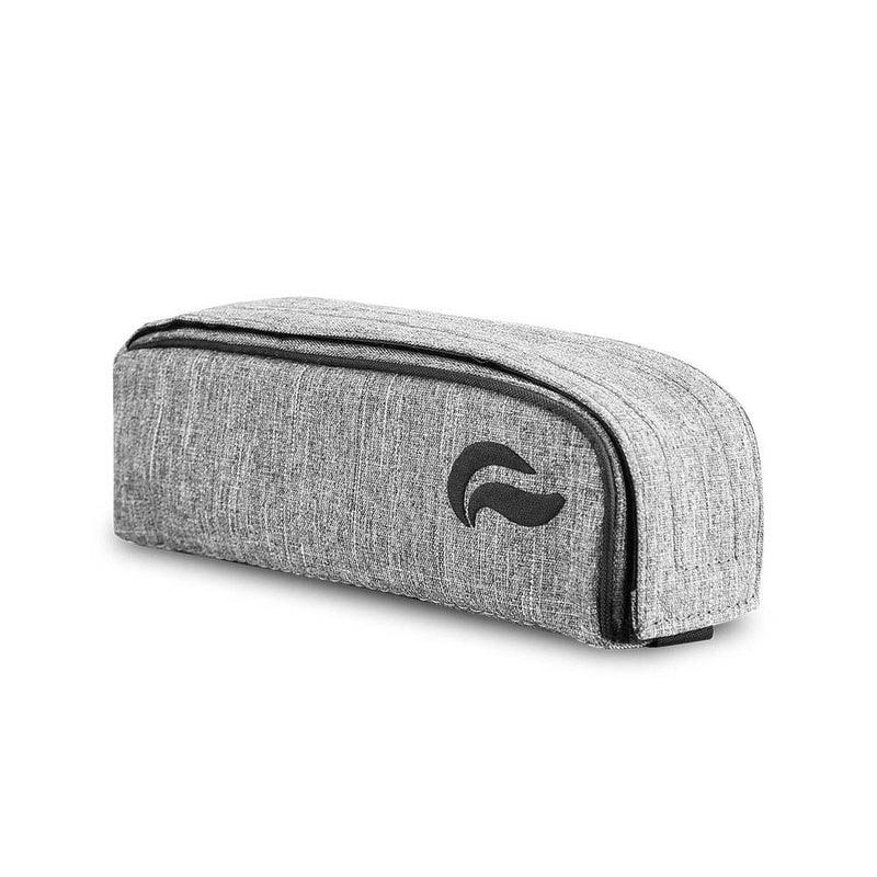 Gray travel case with zipper and modern logo, ideal for storing smoking accessories.